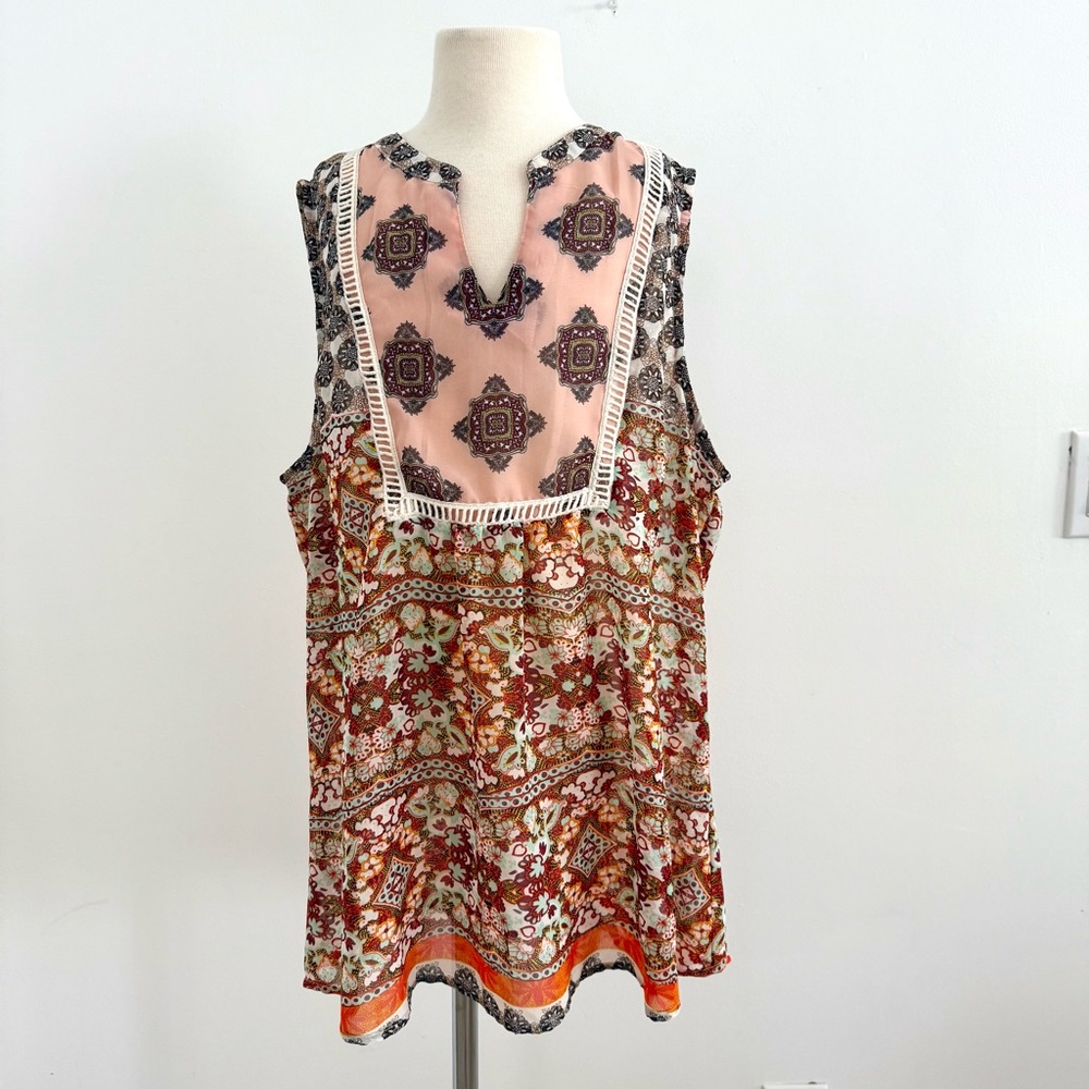 Anthropologie Pink & Rust Boho Printed Sleeveless Top